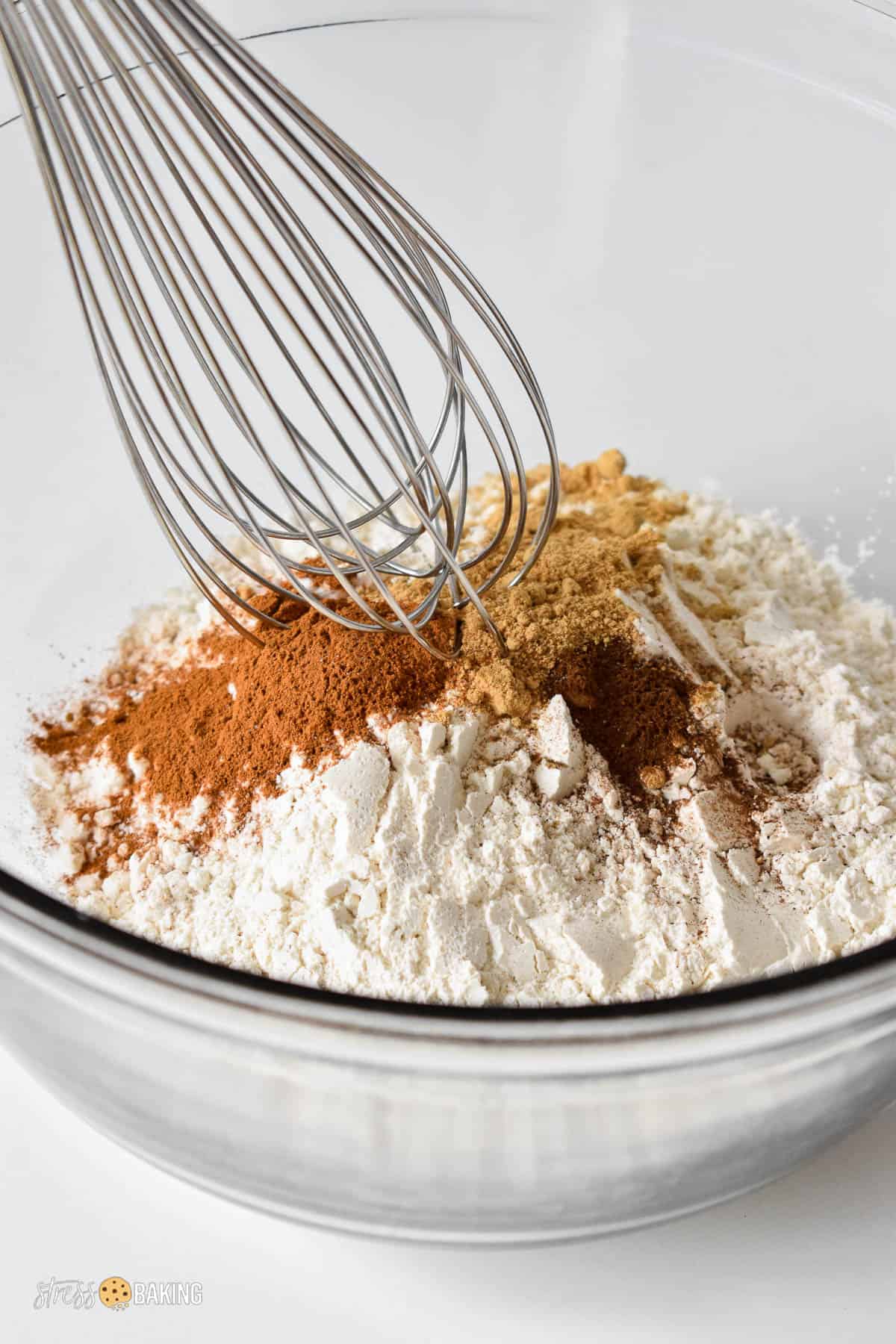 Dry flour mixture in a clear mixing bowl