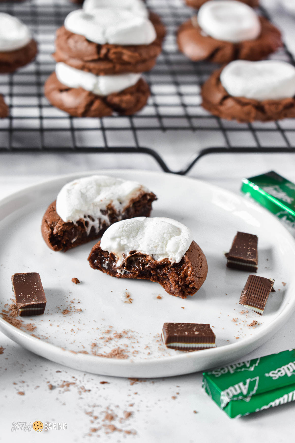 Hot cocoa cookie torn in half to show the gooey melted Andes mint and marshmallow
