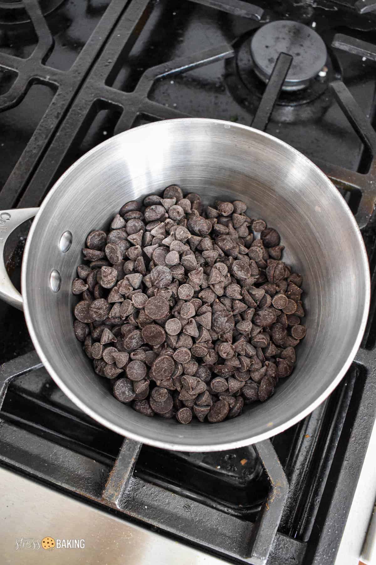A saucepan full of chocolate chips