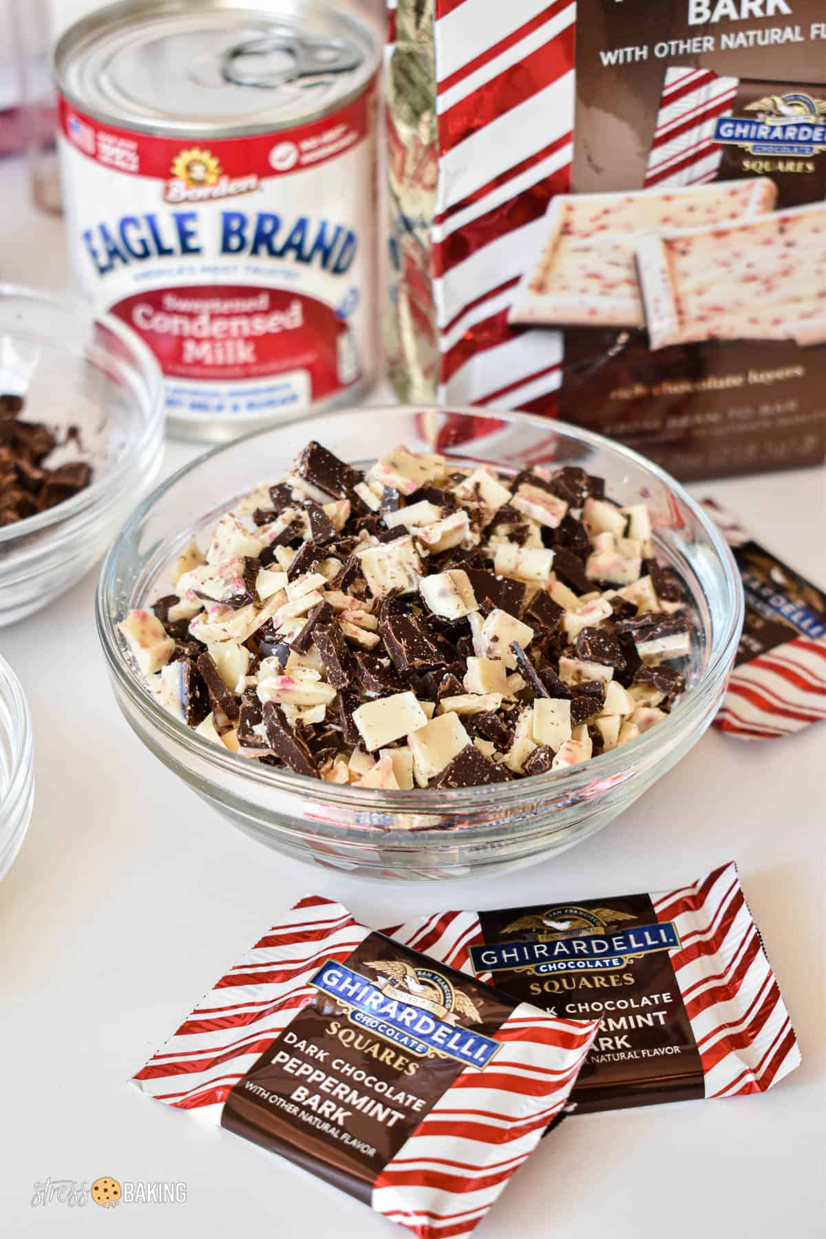 A small bowl of chopped peppermint bark