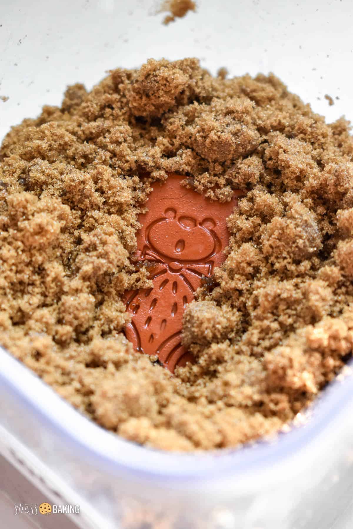 A terracotta brown sugar bear sinking in a container of brown sugar