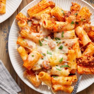 Baked rigatoni topped with melted cheese and parsley on a white place on a wooden surface