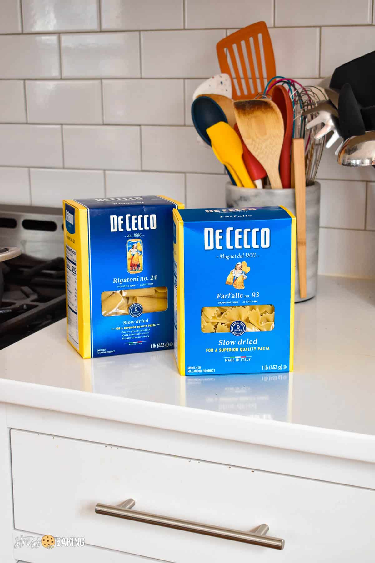 Two blue boxes of DeCecco pasta