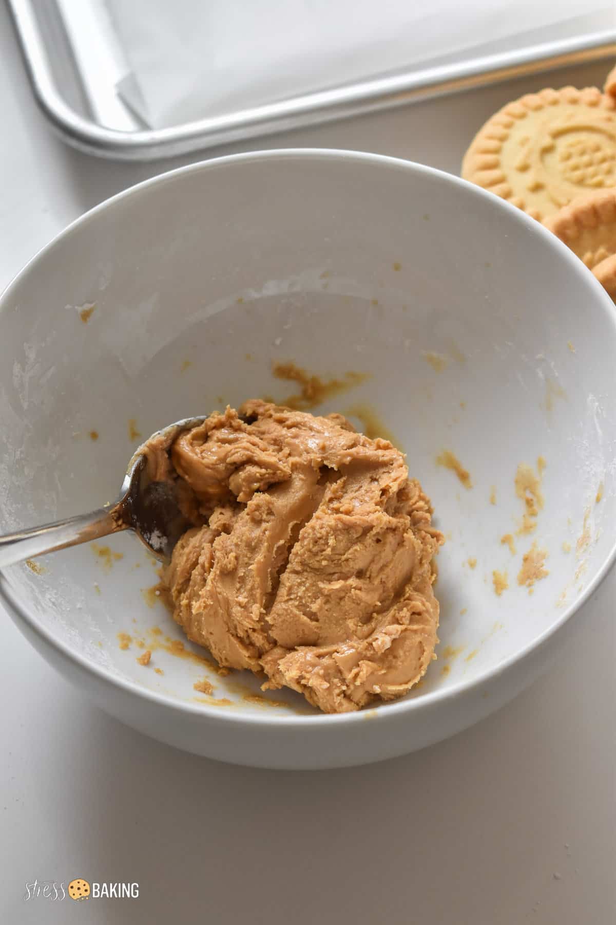 Peanut butter mixture in a small white bowl