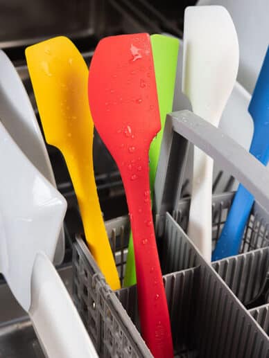 colorful thermoworks spatulas in a dishwasher